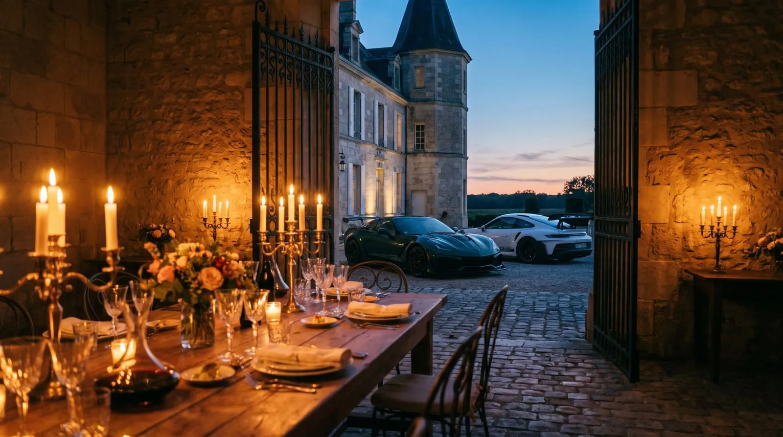 Dîner aux chandelles devant la grille d’un château, GT en arrière-plan