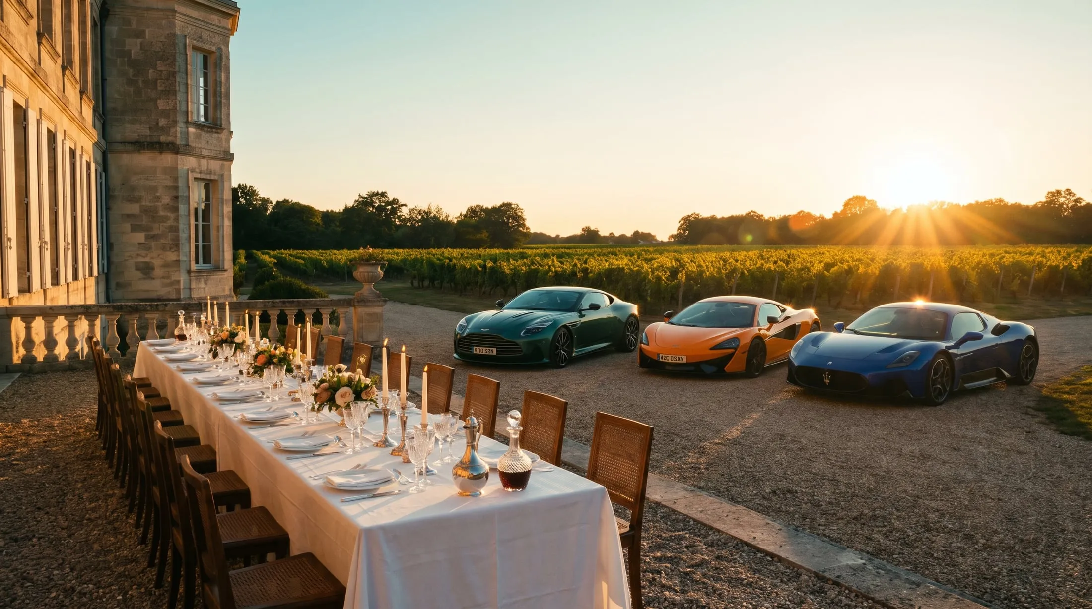 Table dressée dans la cour d’un château face aux GT du club